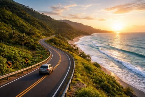 Pemandangan jalan aspal mulus di pinggir pantai pada rute alternatif jalur pansela 2026