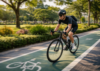 Pesepeda sedang melintasi jalur hijau yang menjadi rute sepeda santai di Medan saat pagi hari yang cerah.