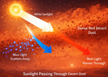 Penjelasan ilmiah mengenai Sains Langit Merah Australia 2026 melalui proses hamburan cahaya akibat partikel debu padat di atmosfer.