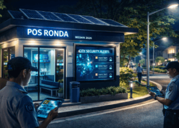 Aktivitas warga di pos ronda modern dalam program Satkamling Digital Medan 2026.