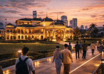 Istana Maimun Medan dengan pencahayaan modern yang memperlihatkan perpaduan arsitektur sejarah dan kemajuan teknologi kota.