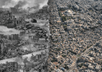 Kolase foto sejarah dan kondisi terkini yang menunjukkan dampak dari konflik berkepanjangan di beberapa negara.