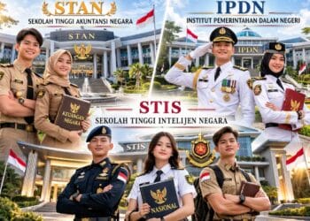 Mahasiswa sekolah kedinasan favorit 2026 memakai seragam dinas lengkap di depan kampus