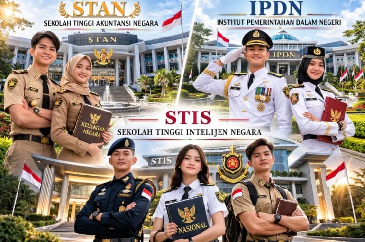 Mahasiswa sekolah kedinasan favorit 2026 memakai seragam dinas lengkap di depan kampus