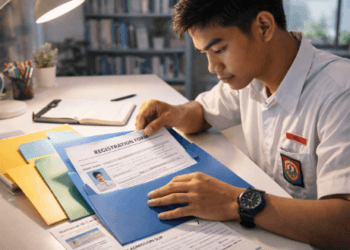 Infografis trik susun dokumen registrasi ujian yang menampilkan peserta menerapkan jurus siapkan berkas pendaftaran UTBK.