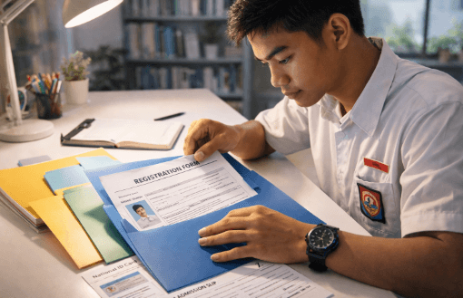 Infografis trik susun dokumen registrasi ujian yang menampilkan peserta menerapkan jurus siapkan berkas pendaftaran UTBK.