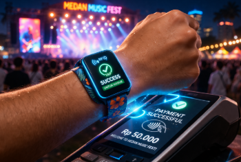 Penggunaan sistem cashless festival menggunakan gelang RFID untuk transaksi cepat di konser musik internasional Medan.