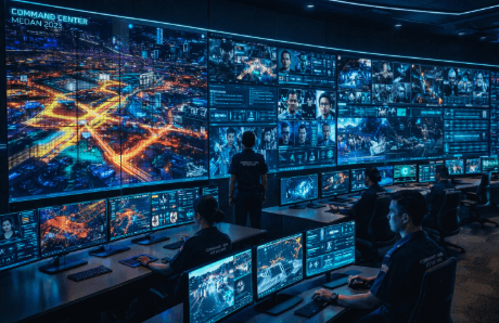 Pusat kendali canggih dalam sistem Keamanan Kota Medan 2026.