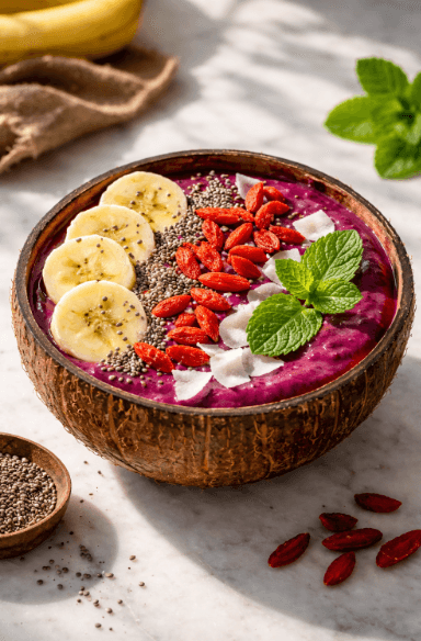 Penyajian estetik Smoothie Bowl Mood-Booster 2026 sebagai menu sarapan sehat mental yang kaya akan vitamin.