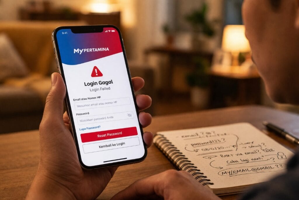 Seorang pengguna smartphone tampak bingung saat mencoba masuk ke akun MyPertamina