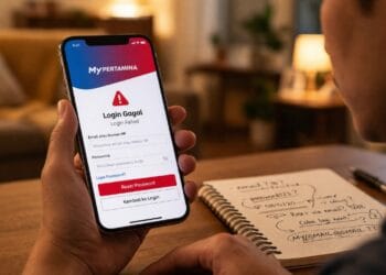 Seorang pengguna smartphone tampak bingung saat mencoba masuk ke akun MyPertamina