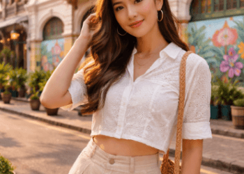 Seorang konten kreator sedang berpose di depan bangunan tua bersejarah yang menjadi spot foto instagramable di Kesawan Medan.