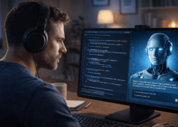 Visualisasi proses pembelajaran intensif menggunakan asisten kecerdasan buatan sebagai mentor pribadi guna menguasai keahlian baru.