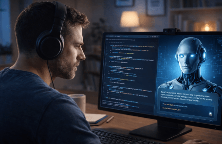 Visualisasi proses pembelajaran intensif menggunakan asisten kecerdasan buatan sebagai mentor pribadi guna menguasai keahlian baru.