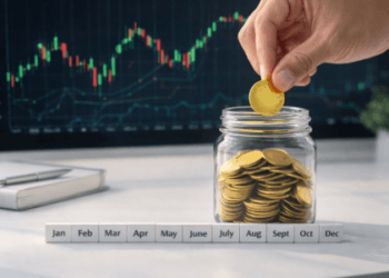 Ilustrasi teknik menabung rutin melalui strategi Dollar Cost Averaging guna membangun aset saham secara bertahap.