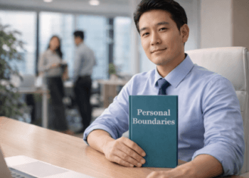 Seorang karyawan yang tetap tenang dan menjaga jarak profesional di tengah situasi kantor yang penuh tekanan guna melindungi kesehatan mentalnya.