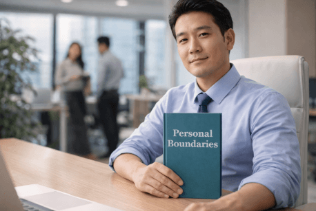 Seorang karyawan yang tetap tenang dan menjaga jarak profesional di tengah situasi kantor yang penuh tekanan guna melindungi kesehatan mentalnya.