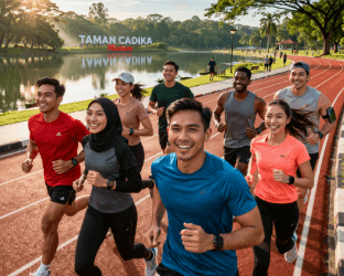 Aktivitas warga Medan yang sedang memanfaatkan fasilitas lintasan lari di ruang terbuka hijau guna menjaga kebugaran fisik dan membakar kalori.