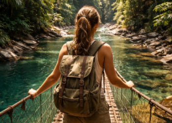 Seorang pelancong wanita sedang menikmati keindahan alam Langkat secara mandiri dengan perlengkapan perjalanan yang lengkap dan aman.