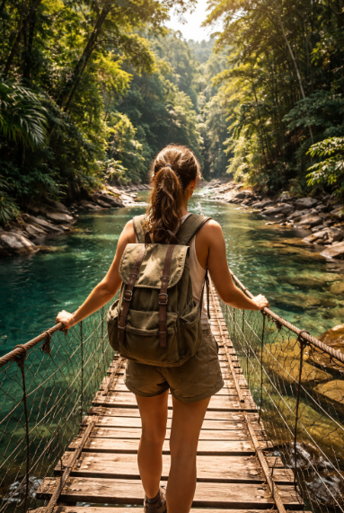 Seorang pelancong wanita sedang menikmati keindahan alam Langkat secara mandiri dengan perlengkapan perjalanan yang lengkap dan aman.