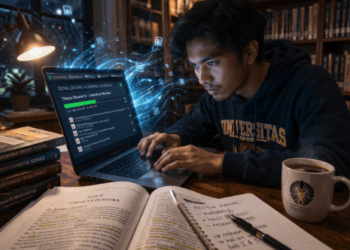 Infografis panduan mencari literatur akademis luar negeri yang menampilkan mahasiswa mengunduh karya ilmiah lewat gawai.