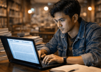 Infografis panduan susun bab satu skripsi yang menampilkan mahasiswa merangkai awalan karya ilmiah.