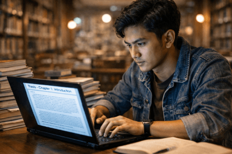 Infografis panduan susun bab satu skripsi yang menampilkan mahasiswa merangkai awalan karya ilmiah.