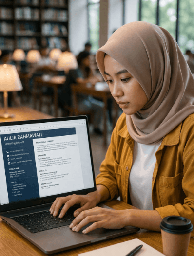 Infografis trik rangkai profil pencari kerja yang menampilkan mahasiswa menerapkan jurus susun daftar riwayat hidup.