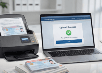 Proses pemindaian dokumen dan persiapan syarat berkas Loker BUMN Medan untuk pendaftaran online.