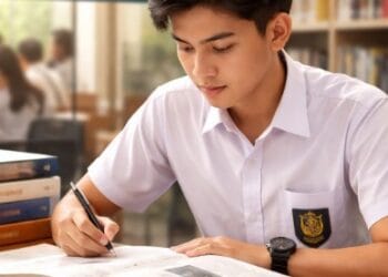 Siswa SMA sedang belajar giat di perpustakaan sebagai persiapan memenuhi syarat masuk STAN 2026