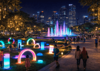 Gemerlap instalasi lampu interaktif di Taman Kota Malam Medan 2026.