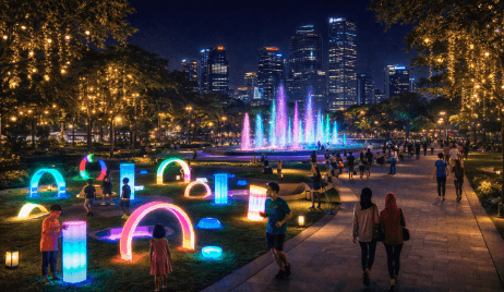 Gemerlap instalasi lampu interaktif di Taman Kota Malam Medan 2026.