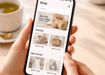 Ilustrasi seseorang yang sedang melakukan manajemen belanja di e-commerce secara bijak menggunakan ponsel pintar.
