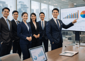 Seorang kandidat sedang mempraktikkan Cara Lolos ODP Bank Sumut melalui simulasi presentasi bisnis yang profesional.