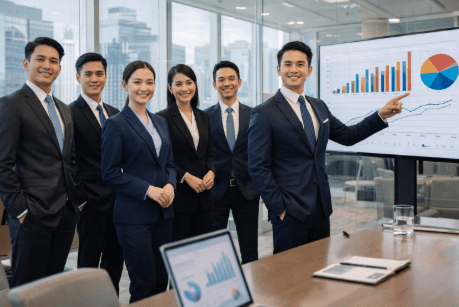 Seorang kandidat sedang mempraktikkan Cara Lolos ODP Bank Sumut melalui simulasi presentasi bisnis yang profesional.