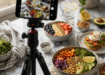 Proses pengambilan foto makanan estetik menggunakan cahaya alami untuk hasil visual yang maksimal.