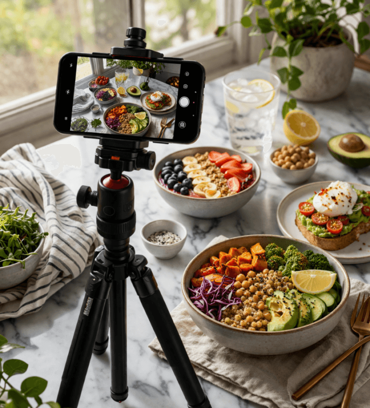 Proses pengambilan foto makanan estetik menggunakan cahaya alami untuk hasil visual yang maksimal.