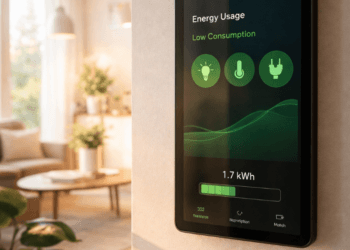 Visualisasi penggunaan panel kontrol pintar sebagai salah satu tips hemat energi rumah yang efektif untuk menekan biaya bulanan.