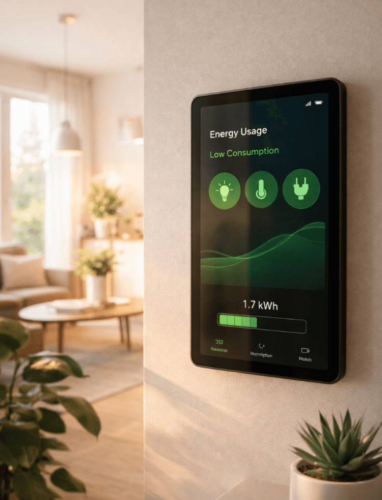 Visualisasi penggunaan panel kontrol pintar sebagai salah satu tips hemat energi rumah yang efektif untuk menekan biaya bulanan.