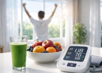 Seseorang sedang meminum segelas jus hijau segar sebagai bagian dari tips kesehatan pasca-lebaran