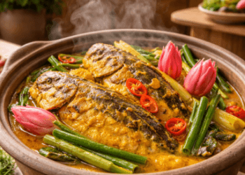 Hidangan ikan mas bumbu kuning khas Sumatera Utara yang dimasak dengan teknik rebus lambat guna mempertahankan nutrisi dan meminimalkan lemak.