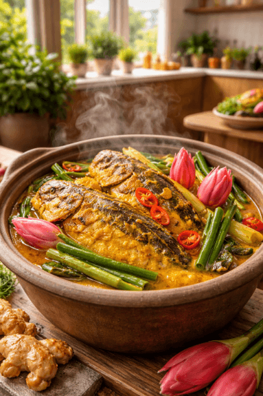 Hidangan ikan mas bumbu kuning khas Sumatera Utara yang dimasak dengan teknik rebus lambat guna mempertahankan nutrisi dan meminimalkan lemak.