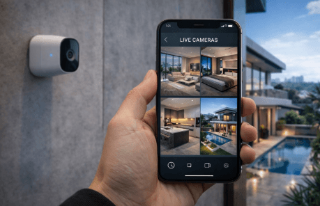 Aplikasi pemantauan video keamanan rumah jarak jauh yang menampilkan gambar jernih secara langsung melalui koneksi internet nirkabel.