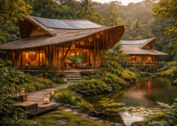 Arsitektur penginapan ramah lingkungan yang menggunakan bahan alami dan energi terbarukan guna meminimalisir dampak negatif terhadap alam sekitar.