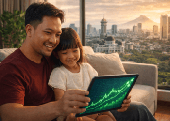 Seorang orang tua sedang mengajarkan investasi sejak dini melalui pemilihan saham blue chip untuk masa depan pendidikan anak.