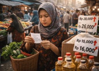 Seorang warga Medan sedang mengatur strategi belanja guna menghadapi inflasi harga pangan di pasar tradisional.