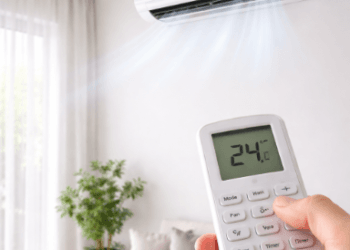 Pengaturan suhu ideal pada remote AC untuk menjalankan tips menghemat listrik AC di rumah saat cuaca panas.