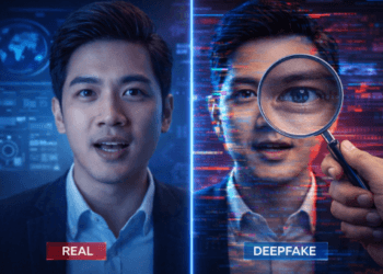Infografis Tips Menghindari Hoax Deepfake yang menjelaskan perbedaan gerakan mata dan sinkronisasi bibir pada video buatan AI.