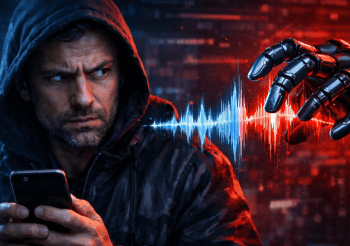 Visualisasi ancaman teknologi kloning suara AI yang penjahat gunakan guna melakukan aksi penipuan melalui telepon.