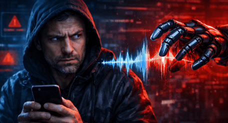 Visualisasi ancaman teknologi kloning suara AI yang penjahat gunakan guna melakukan aksi penipuan melalui telepon.